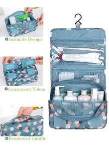 1 件花卉印花化妆包挂钩旅行收纳袋，现代面料大容量旅行盥洗袋，用于盥洗用品、化妆品、化妆品存储，适用于大学宿舍盥洗袋，夏季旅行必备品，适合海滩度假，节日学校用品，宿舍必备品，返校 - 藍色 - 查看 3