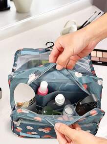 1 件花卉印花化妆包挂钩旅行收纳袋，现代面料大容量旅行盥洗袋，用于盥洗用品、化妆品、化妆品存储，适用于大学宿舍盥洗袋，夏季旅行必备品，适合海滩度假，节日学校用品，宿舍必备品，返校 - 藍色 - 查看 2