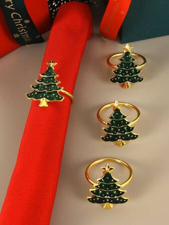 6pcs Green Christmas Tree Shaped Napkin Rings With Dripping Oil Effect For Home, Kitchen, Restaurant, Hotel, Farmhouse, Family Gathering, Party, Festival, Celebration Table Decoration