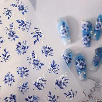 1張5D指甲藝術貼紙，閃亮液體花朵指甲貼紙，立體超級童話指甲貼紙，背粘式指甲貼紙，藍色花朵指甲配件，女性指甲設計自粘式指甲裝飾，美甲貼紙DIY用品