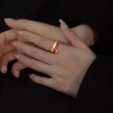 1對可愛貓咪鈴鐺造型時尚疊穿開口滴狀戒指套裝 - 藍色 - 查看 3