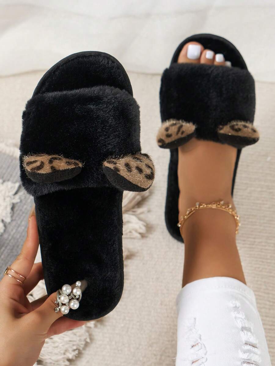 女性豹紋貓爪設計拖鞋,可愛卡通毛絨絨的室內外拖鞋,平底 - 彩色 - 查看 1