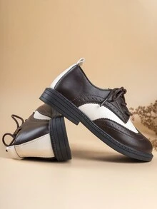 兒童英倫風撞色pu皮平底鞋 - 咖啡棕 - 查看 6