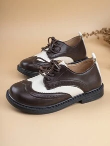 兒童英倫風撞色pu皮平底鞋 - 咖啡棕 - 查看 4