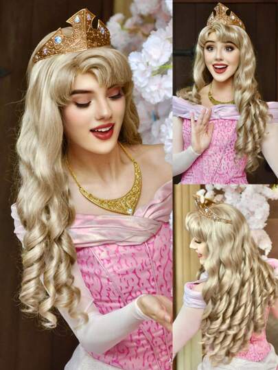Princess Wig For Women Curly Wavy Long Brown Cosplay Wig With Bangs For Party Glueless Synthetic Heat Resistant Fiber Hair With Fringe Wigs For Thanksgiving Day Christmas School Costume Wigs High Density High Quality Cheap Fake Hair ( Without Headwear Accessories )