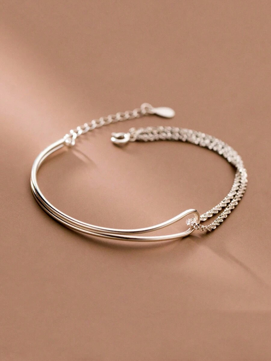 1 件簡單獨特的不對稱雙層彎管和水鑽裝飾半鏈手鍊