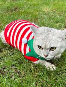 YIMEIS 1件秋冬時節的寵物針織衣,紅白條紋搭配綠色圍巾和球形細節,適合貓狗穿著,襯托節日氛圍 - 彩色 - 查看 2