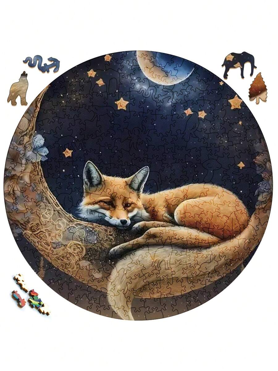 1 件套趣味不对称木块星空下的狐狸图案成人解压玩具家庭派对装饰挂图木制拼图 - 彩色 - 查看 1
