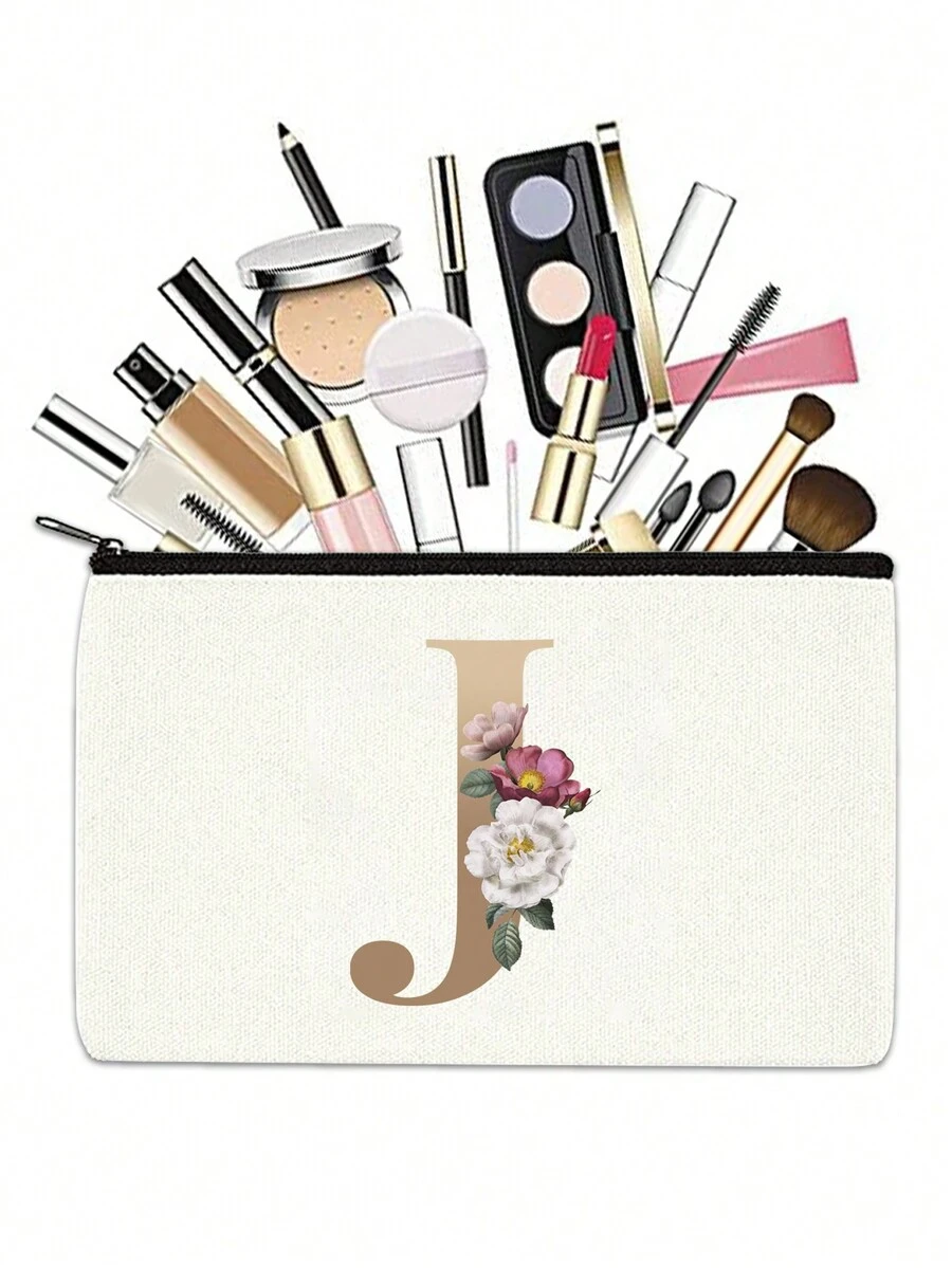 化妝包女士化妝包錢包姓名首字母圖案化妝品收納袋結婚派對洗漱袋拉鍊手機錢包筆袋化妝包手拿包伴娘化妝袋化妝品收納袋化妝箱教師禮物 - 米色 - 查看 1