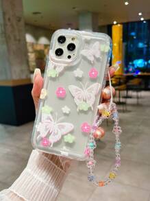 1入甜美多彩的蝴蝶、小花和大花圖案手機殼套,配帶 Strap,防震,適用於 Iphone - 無色 - 查看 2