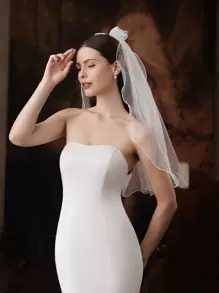 1件装蝴蝶结和仿珍珠装饰新娘婚礼短头纱，可爱简约的滚边设计，情人节配饰 - 米色 - 查看 4