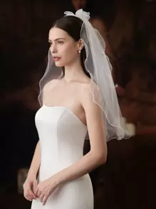 1件装蝴蝶结和仿珍珠装饰新娘婚礼短头纱，可爱简约的滚边设计，情人节配饰 - 米色 - 查看 2