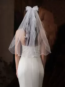1件装蝴蝶结和仿珍珠装饰新娘婚礼短头纱，可爱简约的滚边设计，情人节配饰 - 米色 - 查看 1