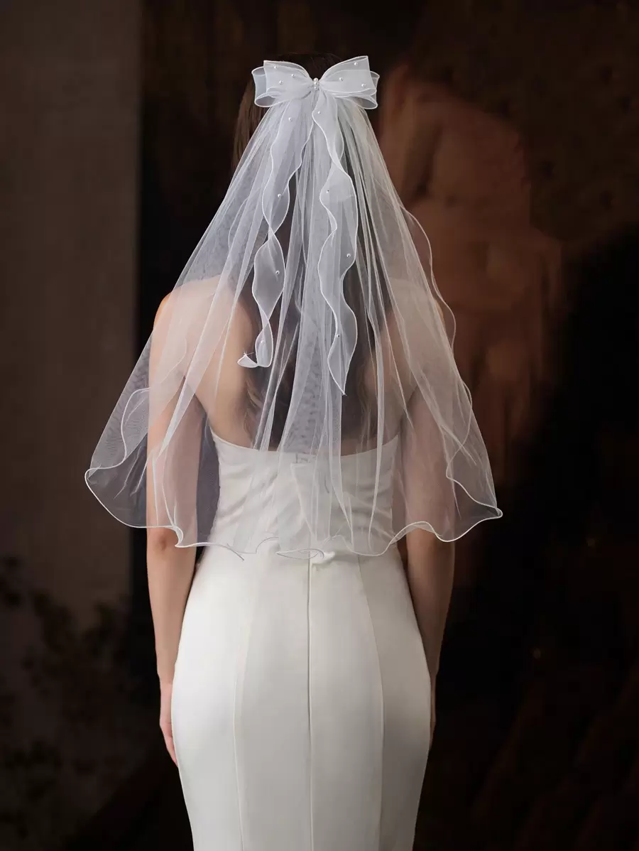 1件装蝴蝶结和仿珍珠装饰新娘婚礼短头纱，可爱简约的滚边设计，情人节配饰 - 米色 - 查看 1