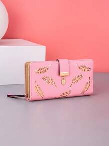 1pc Women's Fashion Leaf Foiled PU Leather Zip Wallet With Card Slots, Suitable For Dates Or As Gifts, With Zipper - Pink - View 3