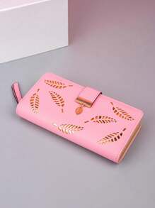 1pc Women's Fashion Leaf Foiled PU Leather Zip Wallet With Card Slots, Suitable For Dates Or As Gifts, With Zipper - Pink - View 4