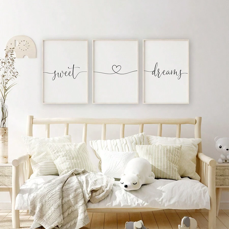 3幅甜梦主题帆布墙画，可爱语录画作，卧室装饰，黑白极简风格，婴儿房礼物，不含画框 - 彩色 - 查看 1