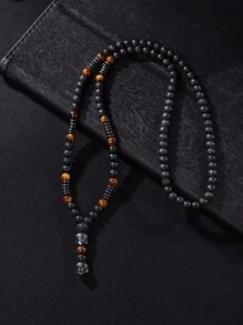 1pc Handmade Volcanic Stone Buddha Bead Pendant Necklace For Men, Tiger's Eye & Hematite Decorated Simple Style - Multicolor - View 1