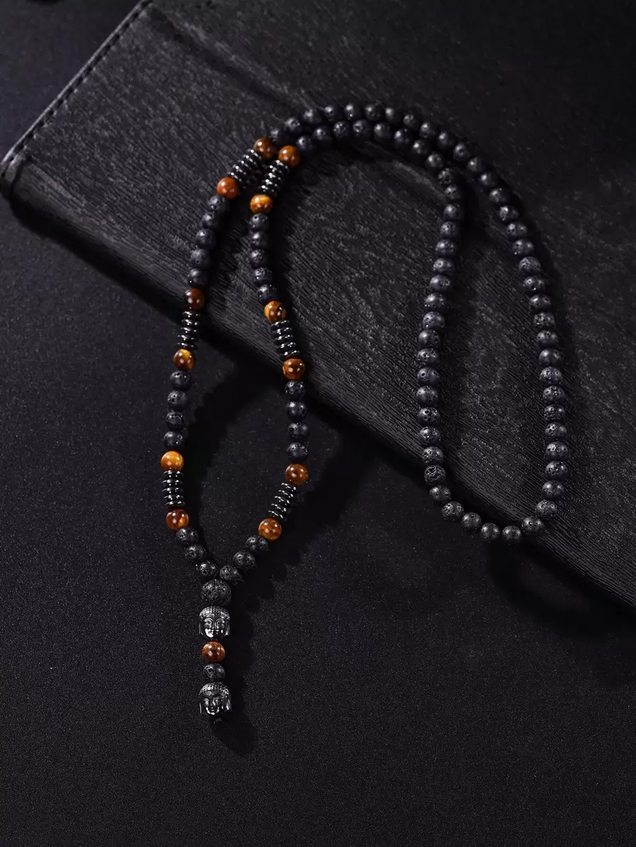 1pc Handmade Volcanic Stone Buddha Bead Pendant Necklace For Men, Tiger's Eye & Hematite Decorated Simple Style - Multicolor - View 1