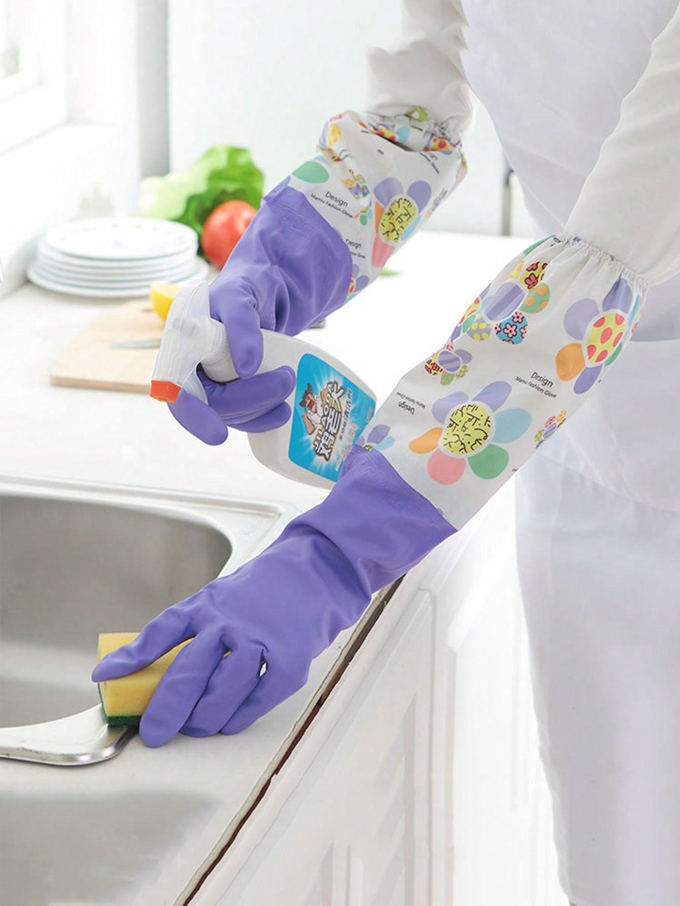 1pc Women's Extra Long And Thickened Fleece Lined Rubber Kitchen Glove