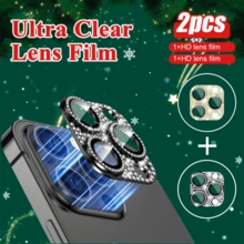 2 Piezas De Película Protectora Brillante Con Decoración De Diamantes De Imitación Para Lente De Cámara, Anticaída Duradera, Compatible Con Productos De Apple - Negro - Ver 2