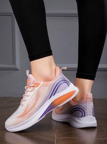 女款休閒運動平底跑鞋,橙白色,低幫透氣網布運動鞋,前系帶適用於戶外活動