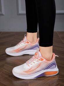 女款休閒運動平底跑鞋,橙白色,低幫透氣網布運動鞋,前系帶適用於戶外活動