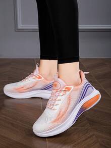 女款休閒運動平底跑鞋,橙白色,低幫透氣網布運動鞋,前系帶適用於戶外活動