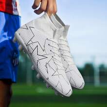 1pair Unisex Breathable Soccer Shoes With Long Spikes And High Tops For Football Games And Training - White - View 3