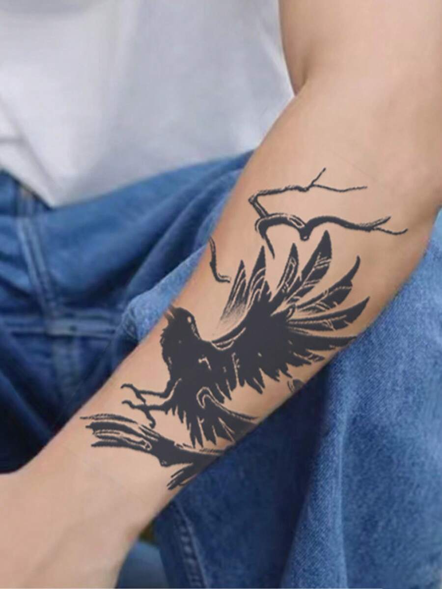 1 pieza Impermeable No Reflectante Negro Cuervo Etiqueta Engomada Del Tatuaje Temporal Para El Brazo De Los Hombres, Estilo Gótico - Negro - Ver 1