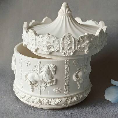 Molde de yurta mongol en forma de decoración de figura DIY, que incluye caja de almacenamiento con tapa de flores talladas en un carrusel redondo, gota de pegamento y moldes de silicona