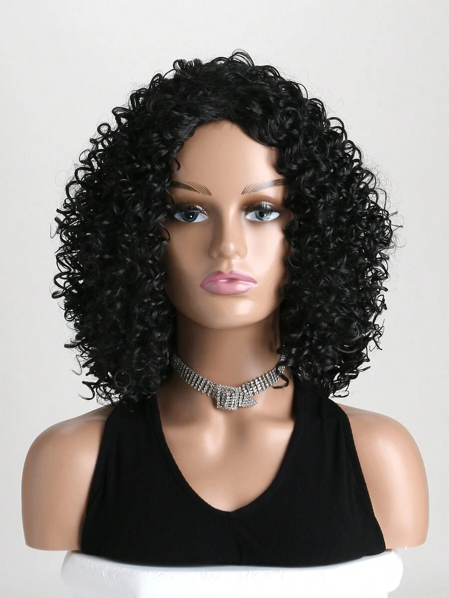 14英寸鬈曲合成纖維毛髮擴展,短款蓬鬆爆炸頭女士髮型 - 黑色 - 查看 1