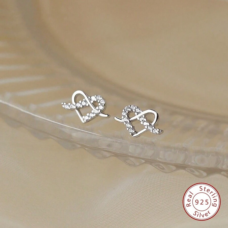 1 cặp bông tai đinh tán hình trái tim bằng bạc Sterling S925 tươi mới và tinh tế hình trái tim đính đá giả để trang trí - Bạc - Xem 1