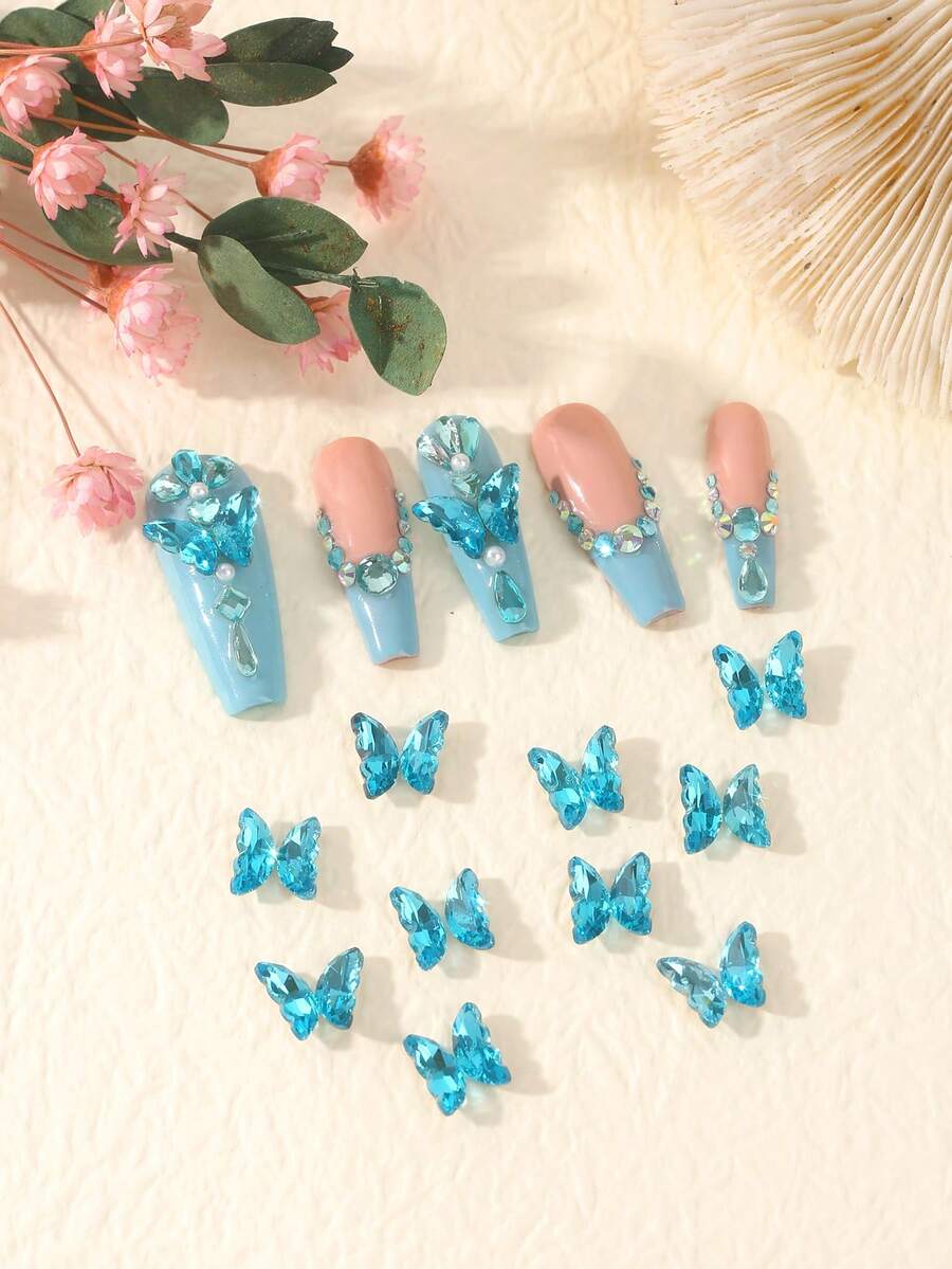20入組 3d 蝴蝶翅膀玻璃鑲鑽指甲藝術裝飾,藍色,適用於美甲沙龍,10對蝴蝶指甲裝飾,適用於 Diy 藝術製作