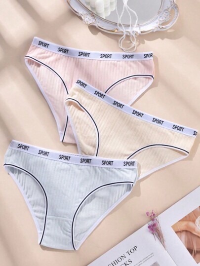 Set di 3 mutandine elastiche a coste con lettere stampate per donne di taglia più, intimo