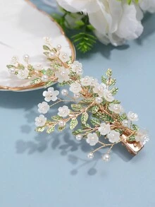 1入組優雅的假珍珠、花朵、葉子髮夾頭飾，適用於婚禮