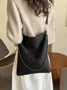 1個時尚純色折疊斜挎包,配鏈條裝飾 - 黑色 - 查看 1