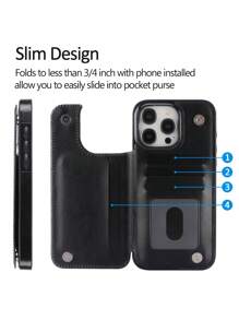 苹果奢华皮革手机壳适用于 iPhone 11 12 Mini 13Pro 14 15 Pro Xs Max 7 8Plus 卡夹支架防震 - 黑色 - 查看 9