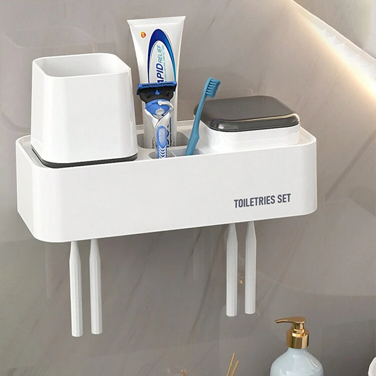 1 Pieza Portacepillos De Dientes Sin Taladro Con Soporte Para Vaso De Agua, Estante De Almacenamiento Montado En La Pared Para Cepillo De Dientes Eléctrico, Pasta Dental, Organizador De Baño, Adecuado Para Casa, Hotel, Apartamento, Villa, Baño De Ducha - Blanco y Negro - Añade 6
