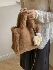 可愛的花朵裝飾單色絨毛手提包,適用於青少年女孩,秋冬新款柔軟肩袋 - 棕色 - 查看 3