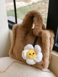 可愛的花朵裝飾單色絨毛手提包,適用於青少年女孩,秋冬新款柔軟肩袋 - 棕色 - 查看 7
