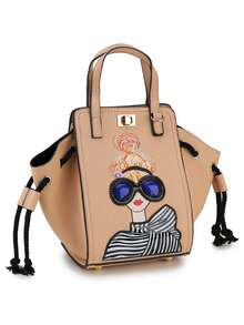 時尚太陽眼鏡女孩卡通圖案女士錢包和手提袋,肩背斜跨兩用袋