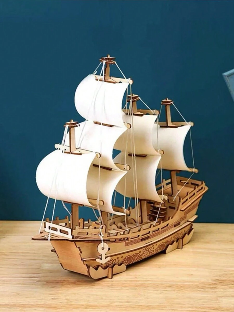 木製帆船3d拼圖,木工模型建造套件 - 杏色 - 查看 1