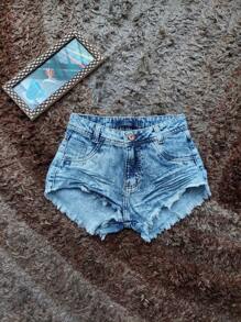 Women Denim Shorts - 淺色水洗藍 - 查看 3