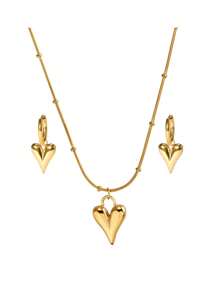 不锈钢防水不褪色复古金色心形吊坠项链和耳环套装，适合女性日常佩戴情人节、妈妈、母亲、母亲节、礼物 - 金色 - 查看 1