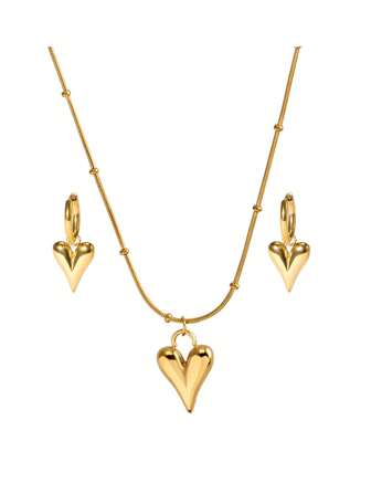 不锈钢防水不褪色复古金色心形吊坠项链和耳环套装，适合女性日常佩戴情人节、妈妈、母亲、母亲节、礼物