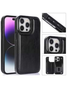 苹果奢华皮革手机壳适用于 iPhone 11 12 Mini 13Pro 14 15 Pro Xs Max 7 8Plus 卡夹支架防震 - 黑色 - 查看 3