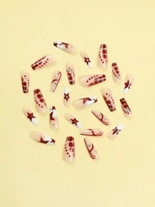 Get Glamorous with 24pcs Long Coffin Red Star & Rhinestone Decoration Design Creative Fake Nail Set For Women And Girls - Multicolor - View 5