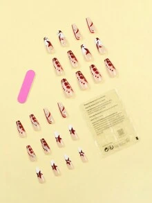 Get Glamorous with 24pcs Long Coffin Red Star & Rhinestone Decoration Design Creative Fake Nail Set For Women And Girls - Multicolor - View 4