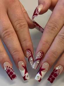 Get Glamorous with 24pcs Long Coffin Red Star & Rhinestone Decoration Design Creative Fake Nail Set For Women And Girls - Multicolor - View 1